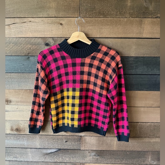 Vintage 80s Buffalo Check Sweater Pink Orange Black Cropped Knit Top - Picture 11 of 11